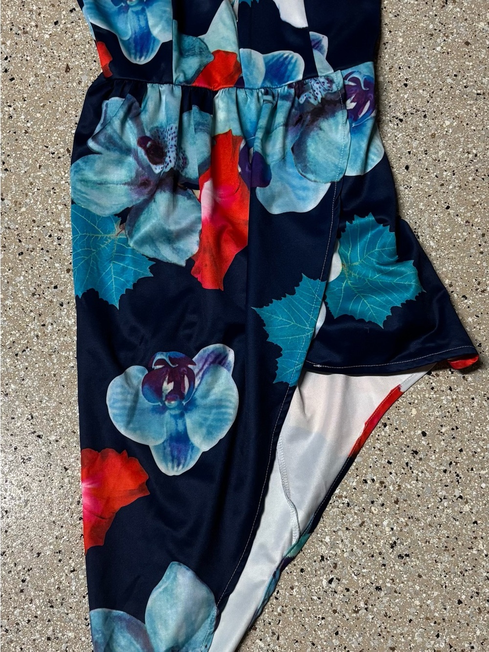 Asymmetrical Navy Floral Dress with Blue & Red Accents